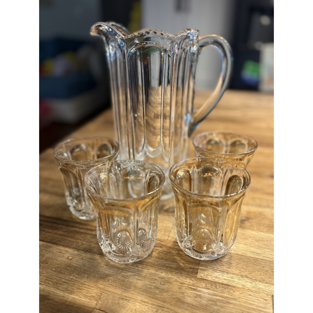 US Glass Galloway Mirror Pitcher Gold Trim With 4 Tumblers 9" EAPG ca 1904
